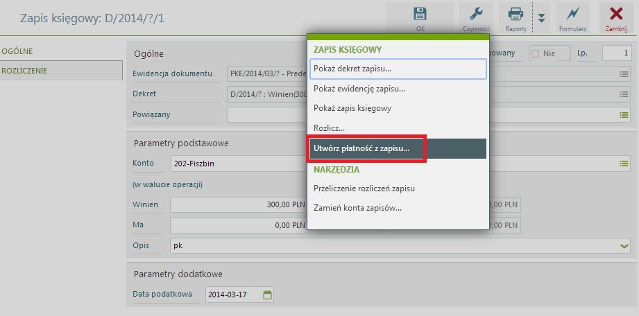 Utwórz płatność z zapisu Po jego wybraniu program automatycznie, na podstawie danych z zapisu (konto z analityką kontrahenta, strona dekretu) automatycznie utworzy odpowiednią płatność.