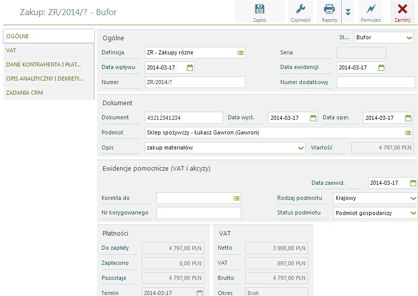 VAT kwoty zawarte na dokumencie. Informacja pobierana do ewidencji dokumentów VAT i rejestru VAT.