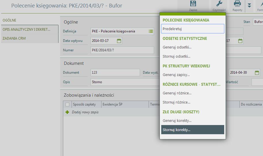 PK / Złe długi (koszty) - Generuj korekty PK numer dokumentu PK. Data operacji data operacji dokumentu. Za okres możliwość ograniczenia okresu.