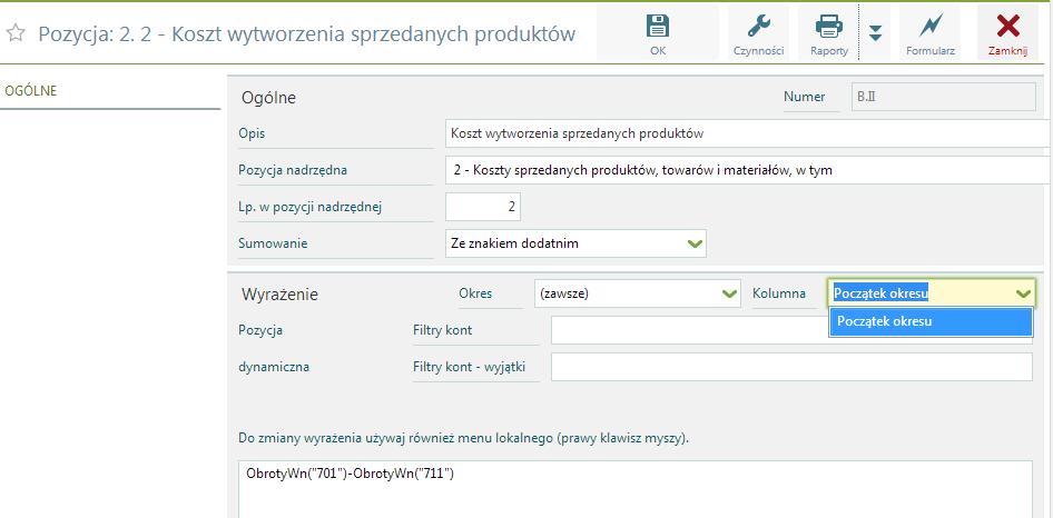 Aktualizacja wyrażenia dla kolumn Dynamiczne pozycje wg filtra kont Tworząc zestawienie w którym dla kolejnych pozycji będą wykonywane obliczenia według tych samych zasad (np.