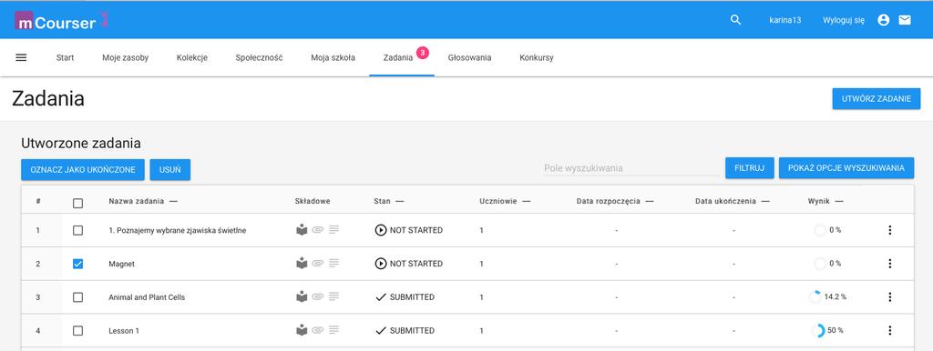 6.2 Ocenianie zadań Wyniki wszystkich zadań wysłanych do nauczyciela na platformie mcourser.pl są automatycznie sprawdzane i dostępne w postaci szczegółowych raportów.