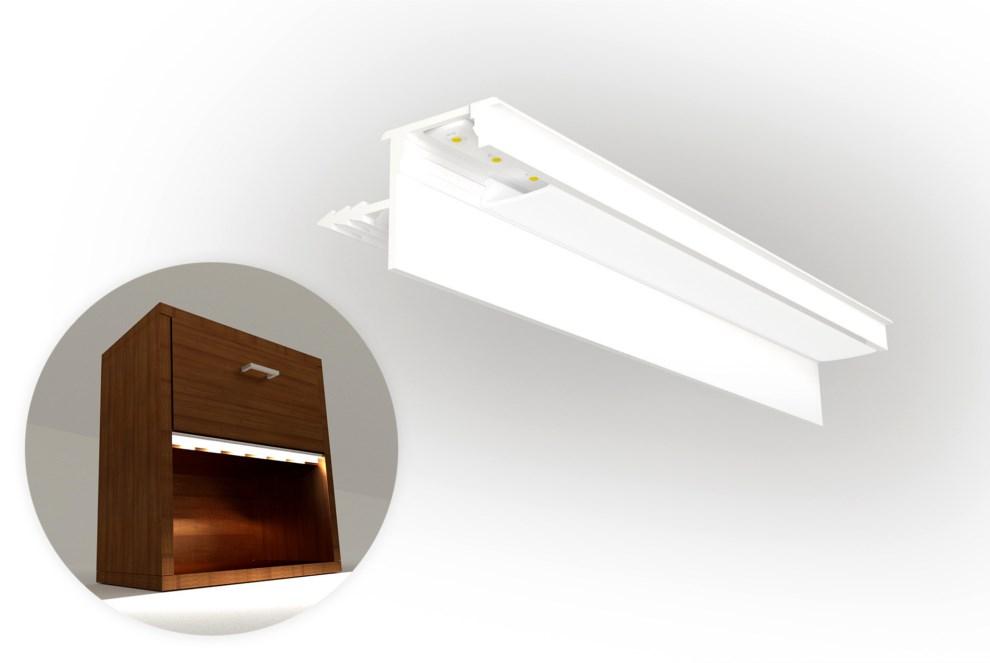 W profil wkleja się listwę lub taśmę LED, która doświetla przestrzeń pod półką lub