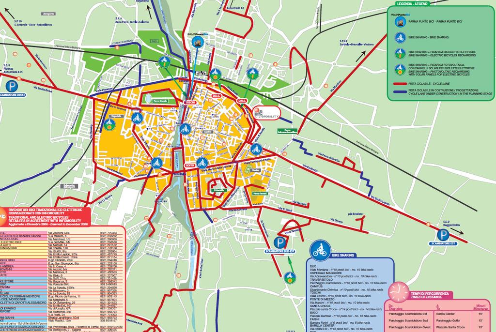 Rys. 7-1: Mapa sieci tras rowerowych w Parmie. Rys.: Parma punto bici (2009). 7.2 Punto bici Rys. 7-2: Stacje Punto bici. Rys.: Parma punto bici (2009). W 2006 roku miasto Parma wprowadziło system Bicincittà.