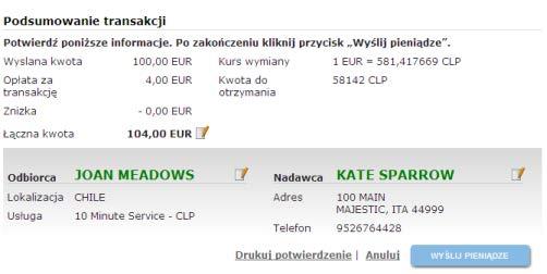 4. Sprawdź transakcję z nadawcą. Kliknij łącze Drukuj potwierdzenie, aby wydrukować kopię potwierdzenia transakcji dla nadawcy. Kliknij przycisk Wyślij pieniądze.