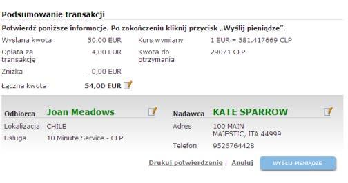 Przejrzyj podsumowanie transakcji z klientem i potwierdź poprawność danych. Aby zmienić wysłaną kwotę, dane nadawcy lub odbiorcy, użyj ikony edycji. 8.