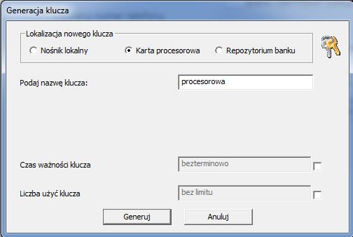 3.2. Generowanie klucza do podpisu na karcie procesorowej. 3.2.1. Wybierz zakładkę Administracja / Bezpieczeństwo, a następnie Klucze. 3.1.2. W celu wygenerowania nowego klucza wybierz opcję Generuj nowy klucz.