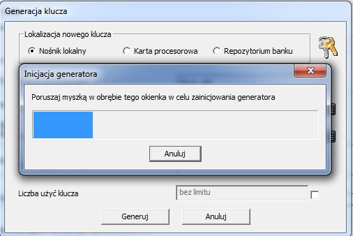 Zainicjalizowany zostaje generator klucza (należy w tym