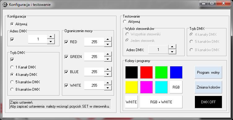 Można przetestować działanie sterowników znajdujących się na linii DMX, które pracują w jednym z trybów DMX i są adresowane kolejno począwszy od
