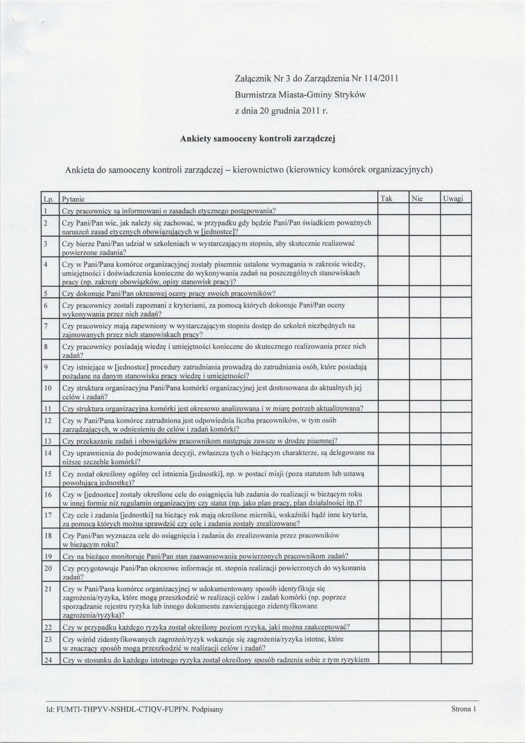 Załącznik Nr 3 do Zarządzenia Nr 114/2011 Burmistrza Miasta-Gminy Stryków z dnia 20 grudnia 2011 r.