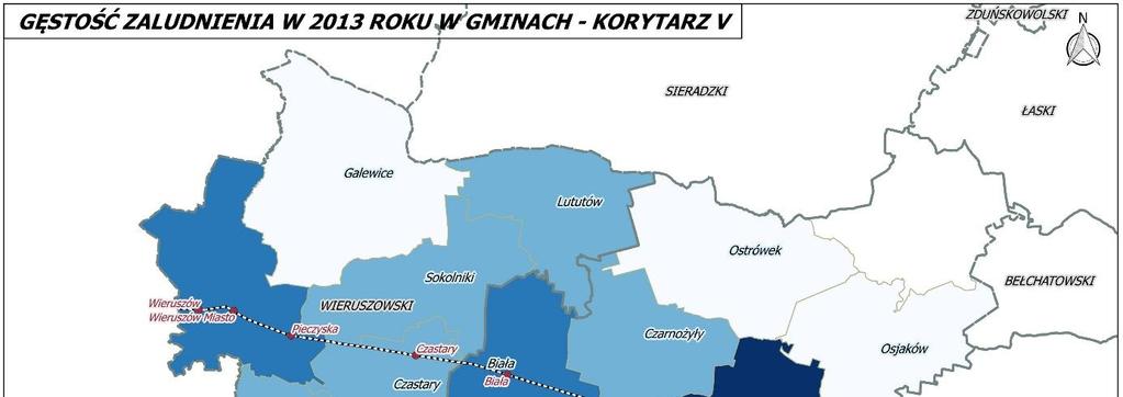 Ilustracja 13. Gęstość zaludnienia w 2013 roku w gminach. Źródło: Opracowanie Własne. 5.