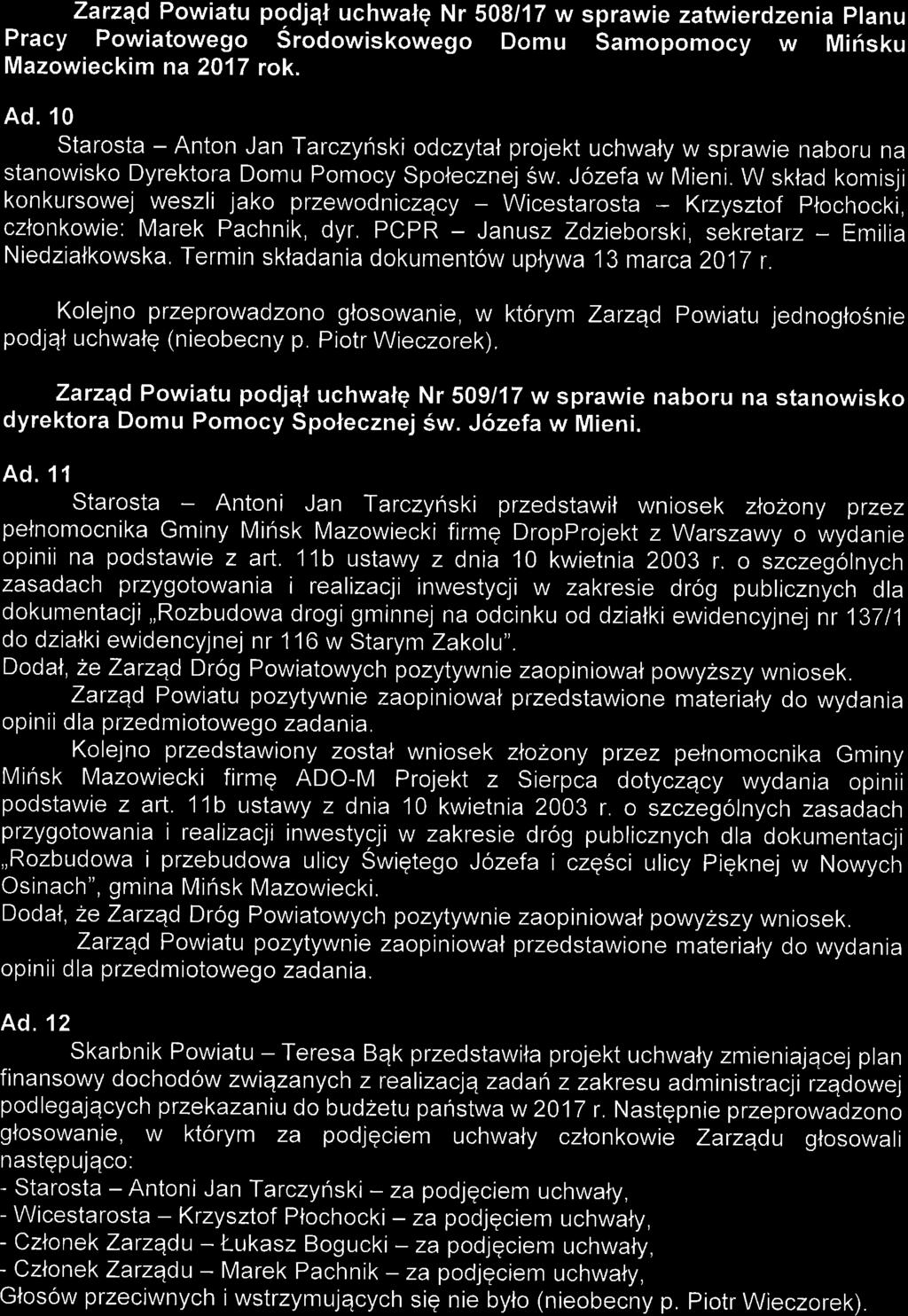 Zarzqd Powiatu pgdjqn uchwalq Nr 508/17 w sprawie zatwierdzenia Planu Pracy Powiatowego Srodowiskowego Domu bamopomocy w Mirisku Mazowieckim na 2017 rok. Ad.