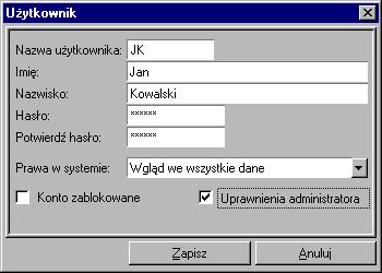 76 Rozdział 3. Przycisk powoduje usunięcie danych wskazanego użytkownika.. Przycisk otwiera okno Użytkownik dla wskazanego na liście użytkownika.