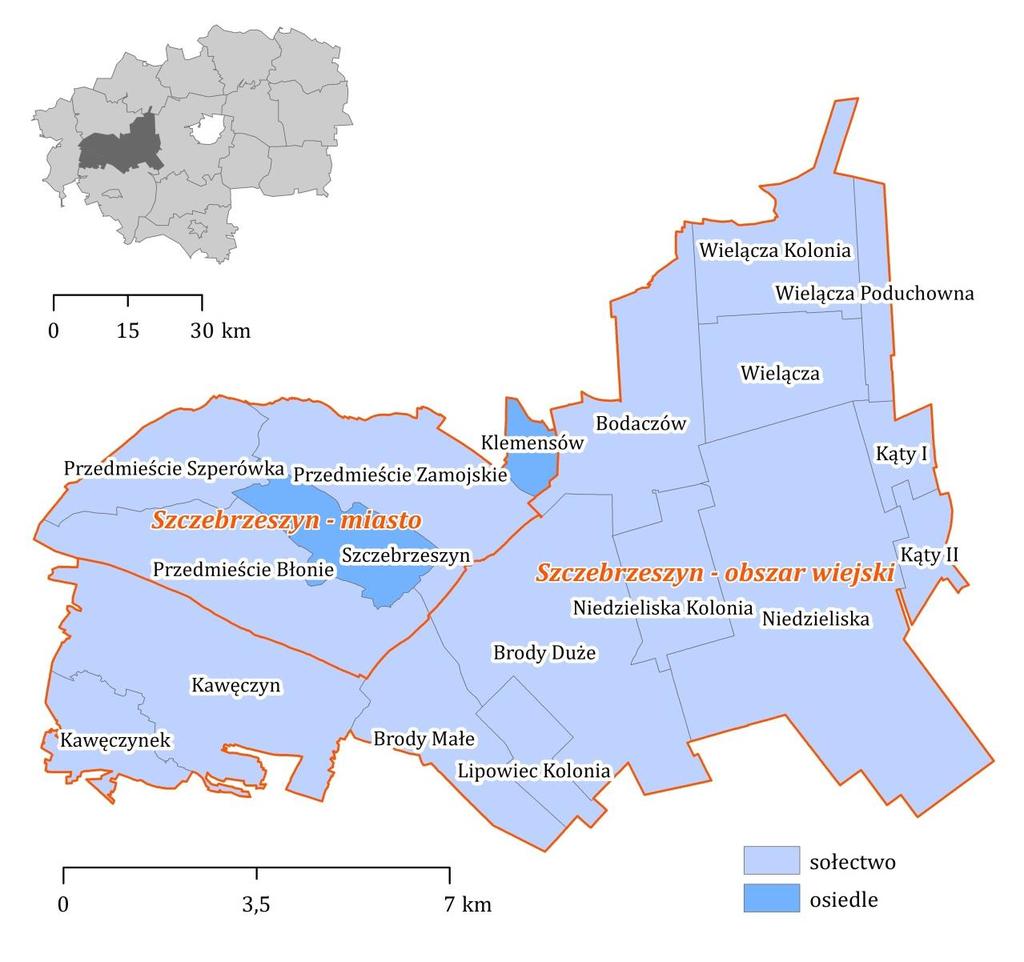 Obszar wiejski gminy Szczebrzeszyn - 13 sołectw: Bodaczów, Brody Duże, Brody Małe, Lipowiec Kolonia, Kawęczyn, Kawęczynek, Kąty I, Kąty II, Kolonia Niedzieliska, Niedzieliska,