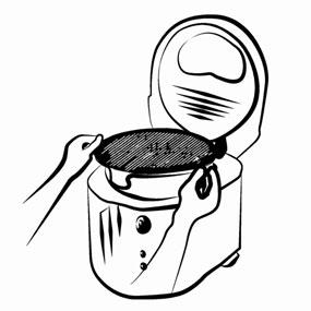 UmieÊciç zbiornik z powrotem w podstawie frytkownicy, upewniç si, e uchwyty znajdujà si z lewej i prawej strony frytkownicy, a otwór w kraw dzi z przodu (rys. D). 7. Zamknàç pokryw frytkownicy.