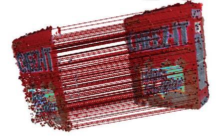 Two exemplary point clouds along with the extracted SIFT features and found correspondences Efektywność wyznaczonych lokalnych cech zależy od użytego detektora punktów kluczowych oraz rodzaju