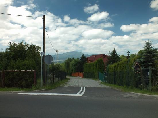 w szutrową drogę (ulica Pieczarkowa), kluczącą pomiędzy posesjami i kierując się w stronę lasu.