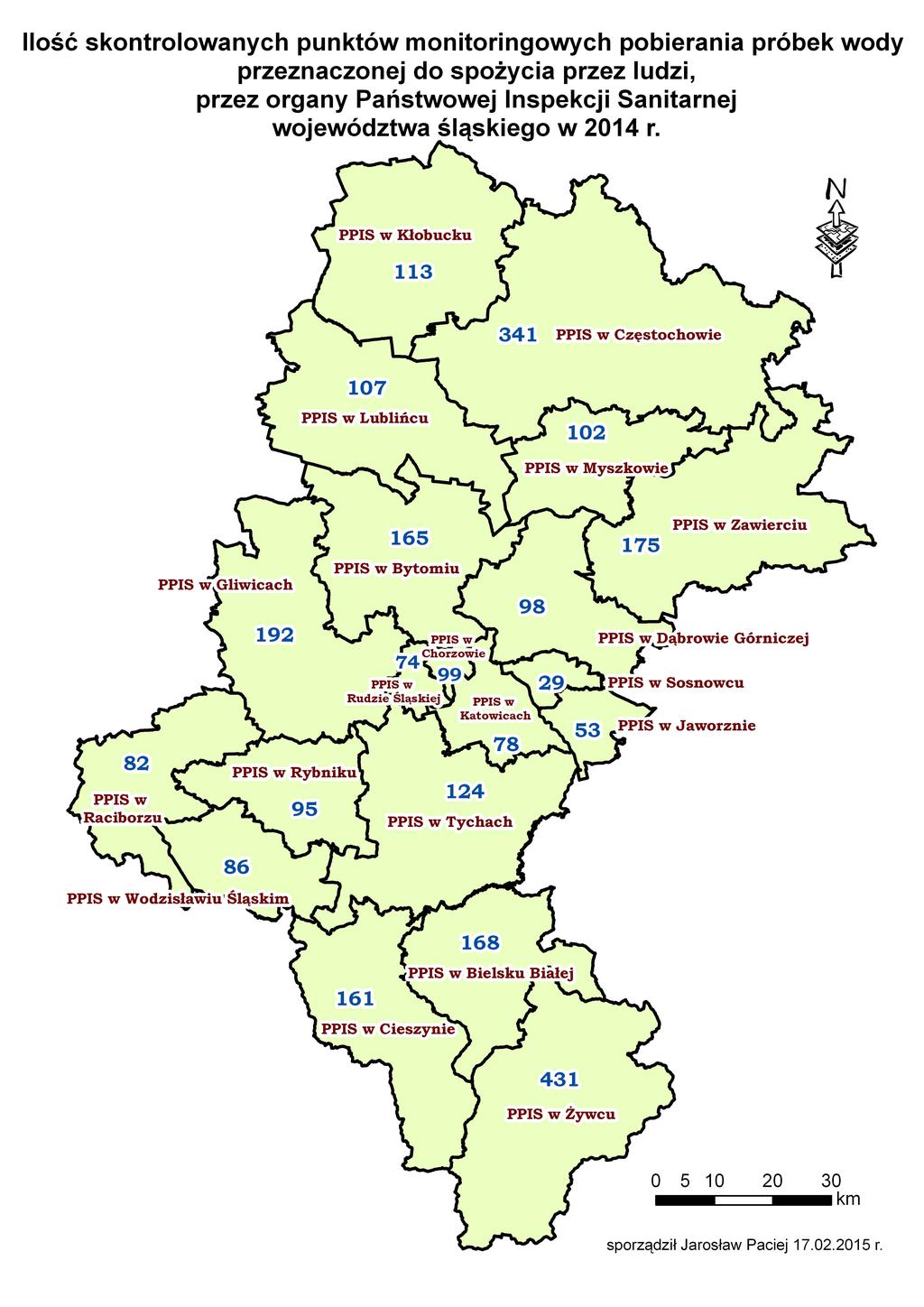 Mapa nr 1. Ilość monitoringowych punktów kontrolnych, z których pobrano próbki wody w 2014 r.