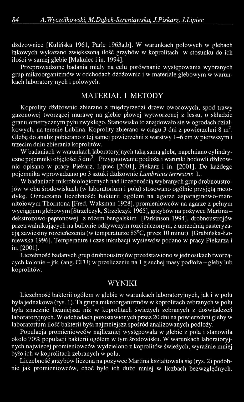 Przeprowadzone badania miały na celu porównanie występowania wybranych grup mikroorganizmów w odchodach dżdżownic i w materiale glebowym w warunkach laboratoryjnych i polowych.