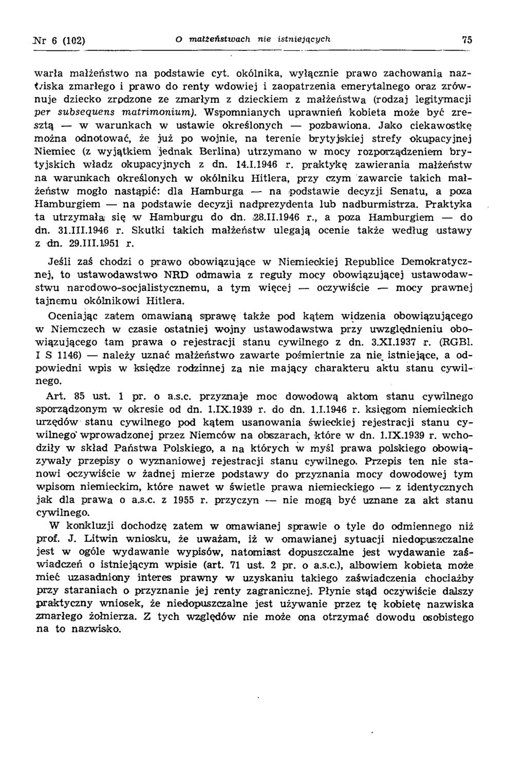 6 (102) O m ałżeństwach nie istniejących 75 w arła m ałżeństw o na podstaw ie cyt.