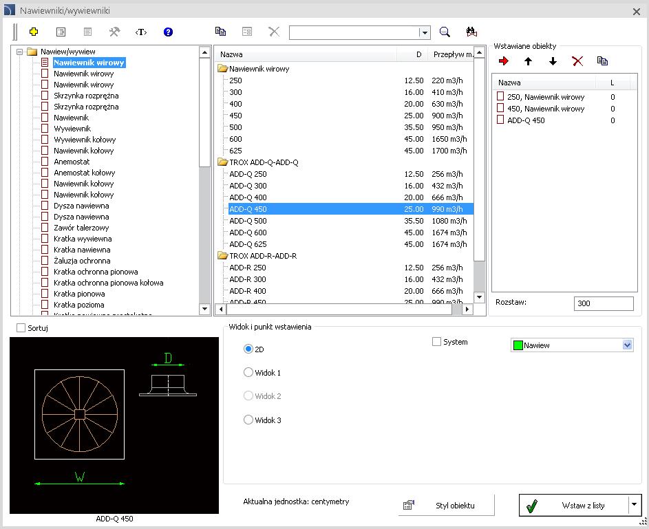 CADprofi HVAC & Piping zmiany w poleceniu Nawiewniki/wywiewniki Rozszerzenie funkcjonalności i zawartości polecenia: Możliwość wstawiania elementów z listy, dzięki czemu do rysunku można wstawiać
