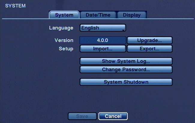 A drop-down menu displays the available languages. Highlight the desired language and press button. Box beside VERSION gives information about actual software version.