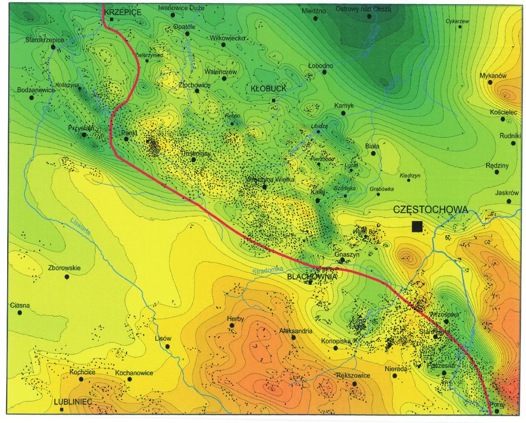 Mossoczy (1955) against the sample points used for construction of the digital elevation model of the sub-pleistocene surface. Ryc. 11.