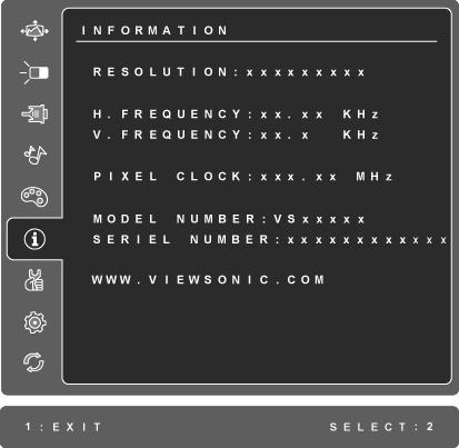Element Obja nienie Information (Informacje) wy wietla dane o trybie synchronizacji (wej ciowego sygna u wideo) karty graficznej komputera, numer modelu wy wietlacza LCD, numer seryjny i adres