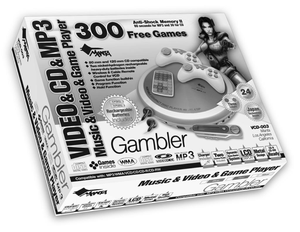 VCD-003 Gambler Płaski odtwarzacz przenośny firmy MANTA zgodny z MP3/ WMA/VCD/CD/CD-R/CD-RW,
