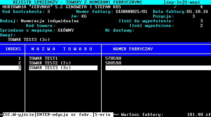 Następnie także w zależności do ustawionego wcześniej parametru w rejestrze towarów, system przełącza się do rejestru, w którym następuje przypisanie numeru do towaru.