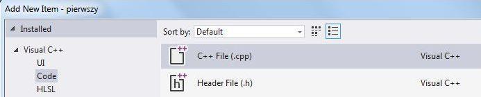 (Visual C++) należy zaznaczyć opcję Code, a w polu Name wpisać