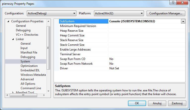 14 12. W ramach pozycji Linker należy ustawić także typ aplikacji. W tym celu zaznaczamy grupę System (zob. rysunek) i w polu SubSystem wybieramy opcję Console (/SUBSYSTEM:CONSOLE). 13.