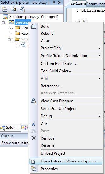 W tym celu w oknie Solution Explorer należy prawym klawiszem myszki zaznaczyć nazwę projektu (tu: pierwszy) i wybrać opcję Properties.