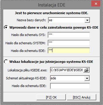 Wprowadź dane w celu zainstalowania nowego KS EDE: - Hasło dla schematu SYS - Hasło dla schematu SYSTEM - Hasło dla schematu EDE ustala użytkownik.