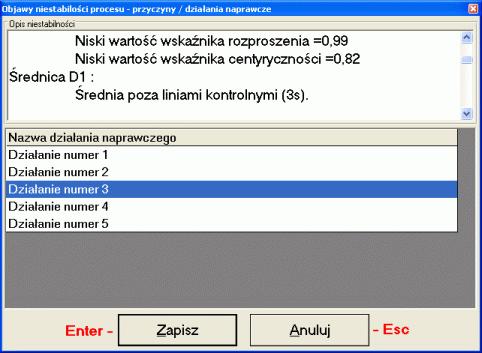 O ile w programie SNAP Line - SPC zaznaczono odpowiednie opcje, po zapisaniu pomiarów, na ekran komputera może być przywołane okno działań naprawczych (dostępne również po naciśnięciu