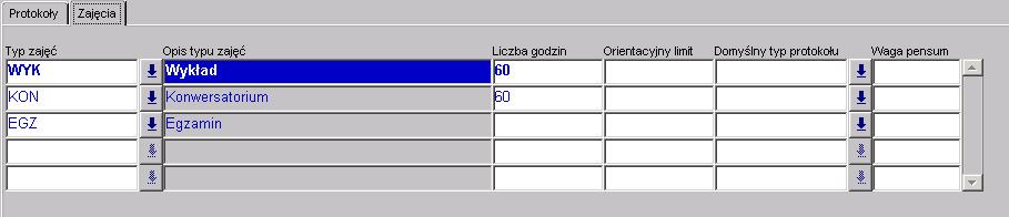 przycisk Protokoły przedm. Protokoły i zajęcia wpisuje się w każdym cyklu dydaktycznym. Najpierw wybieramy zakładkę Zajęcia Ustalamy typ zajęć. Wpisujmy liczbę godzin.