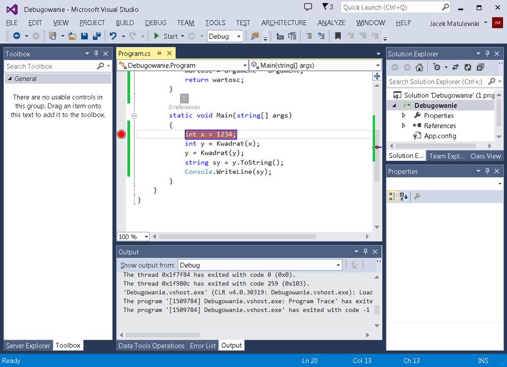 Aby natychmiast przerwać debugowanie programu i powrócić do normalnego trybu edycji Visual Studio, należy nacisnąć klawisze Shift+F5.