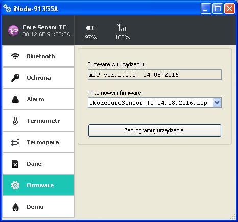 Po wybraniu zakładki Firmware pojawi się następujące okienko: W polu Firmware w urządzeniu wyświetlana jest wersja firmware znajdująca się w urządzeniu i data jego utworzenia.