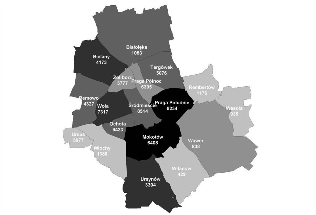 Rys. 8. Gęstość zaludnienia w dzielnicach m. st. Warszawy według stanu na rok 2006 Saldo migracji wewnętrznych w roku 2006 wyniosło 8,4 tys. osób rocznie.