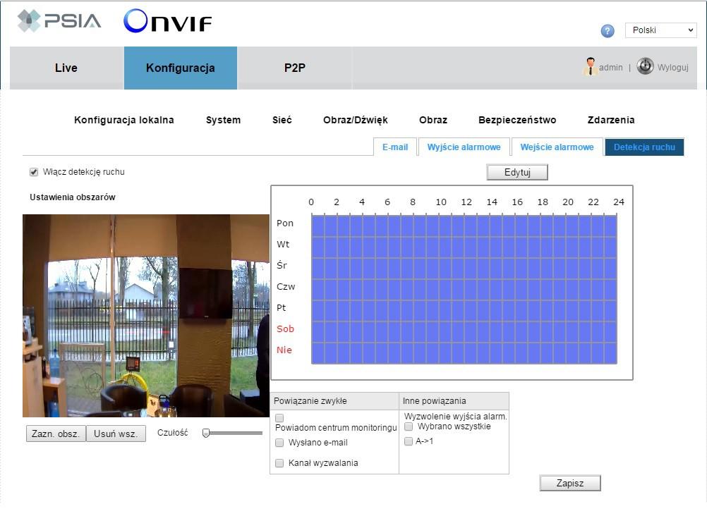 W lewym górnym rogu włączamy funkcję Włącz detekcję ruchu W oknie podglądu zaznaczamy obszar aktywny oraz ustalamy harmonogram działania klikając Edytuj,