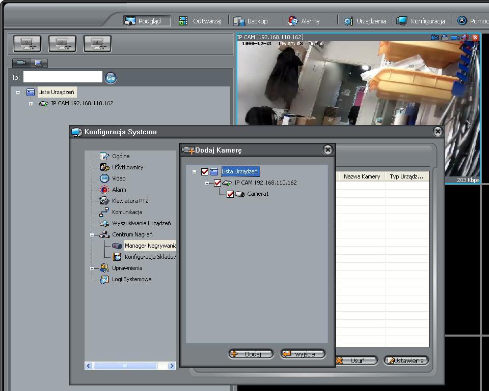 W otwartym oknie klikamy +Dodaj aby dodać kamerę do