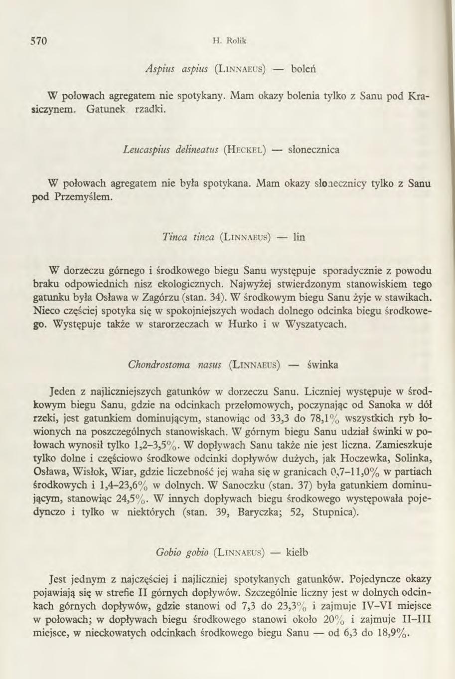 570 H. Rolik Aspius aspius (L in n a e u s ) b o leń W połowach agregatem nie spotykany. M am okazy bolenia tylko z Sanu pod K rasiczynem. G atunek rzadki.