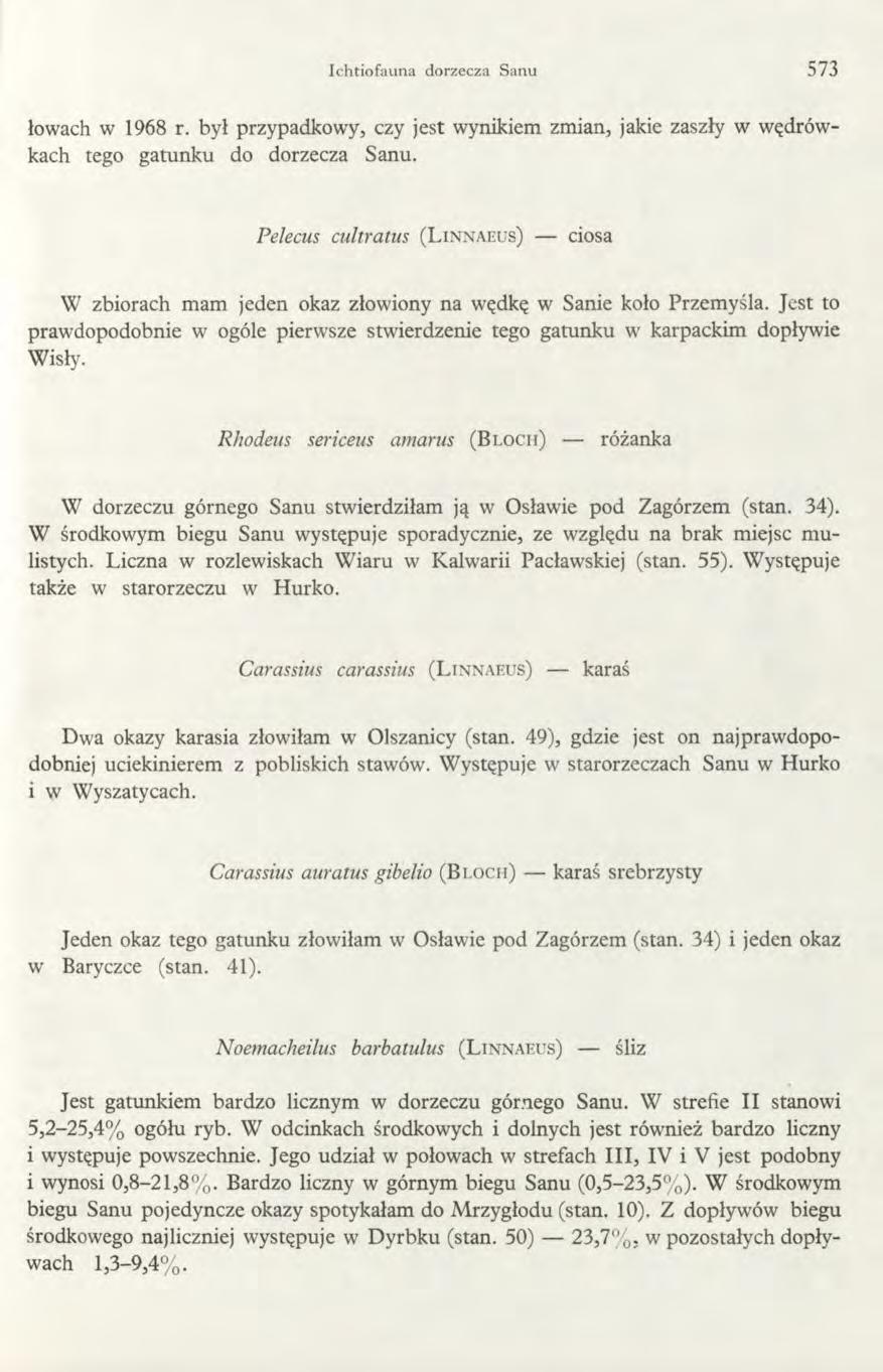 Ichtiofauna dorzecza Sanu 573 łowach w 1968 r. był przypadkowy, czy jest wynikiem zmian, jakie zaszły w wędrówkach tego gatunku do dorzecza Sanu.