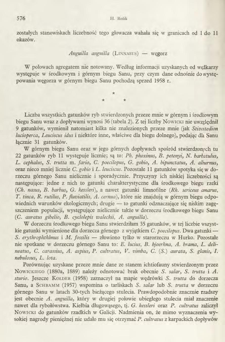 576 H. Rolik zostałych stanowiskach liczebność tego głowacza wahała się w granicach od 1 do 11 okazów. Anguilla anguilla (L innaeus) węgorz W połowach agregatem nie notowany.