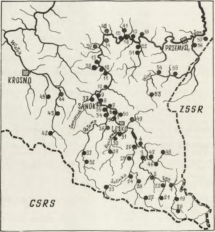 S an: 1 S m olnik, 2 Sękow iec, 3 R ajskie, 4 S olina, 5 P o sto - łów, 6 Ł ukaw ica, 7 Z asław, 8 S anok, 9 T rep cza, 10 M rzygłó d, 11 T e m e sz ó w I, 12 T e m e sz ó w II, 13 O b arzy m, 14 D y
