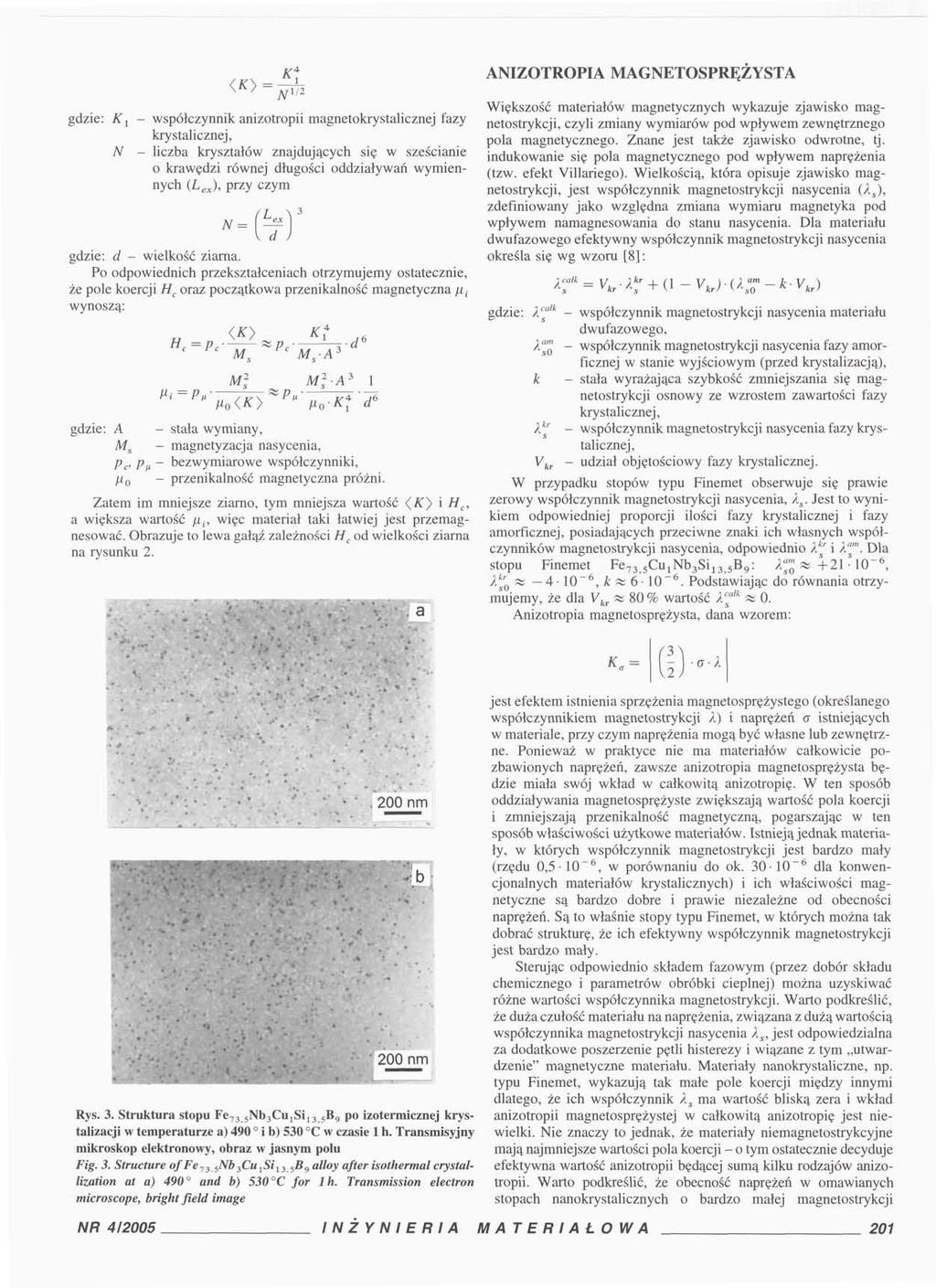 ANIZOTROPIA MAGNETOSPRĘZYSTA N 1 ' 2 gdzie: K 1 - współczynnik anizotropii magnetokrystalicznej fazy krystalicznej, N - liczba kryształów znajdujących się w sześcianie o krawędzi równej długości