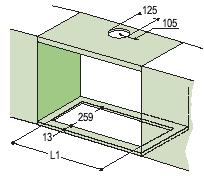 - 5-3. INSTALACJA W dnie szafki kuchennej wiszącej naleŝy wyciąć prostokątny otwór pozostawiając odstęp wynoszący co najmniej 13 od przedniej krawędzi dna.