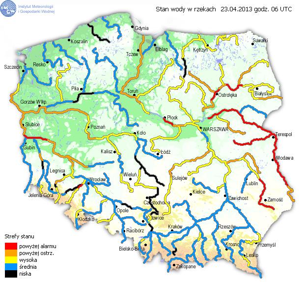 INFORMACJE HYDROLOGICZNO - METEOROLOGICZNE Stan wody na głównych rzekach Polski Prognoza pogody dla Polski na dzień 24.04.2013 r. Stan wody na wodowskazach w dniu 24.04. na godzinę 06.