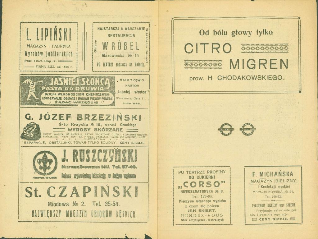 p MAGAZYN i FABRYKA Wyrobów {obilersbirb Płat Teatralny 7. FIRMA EaZ. od 1875 r. n O NAJSTARSZA «WARSZAWIE^ RESTAURACJA WRÓBEL Mazowiecka >ś!