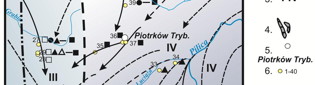 zbudowane ze skał mezozoicznych); 5 główne miejscowości; 6 stanowiska badawcze i miejsca poboru próbek do badań (zgodnie ze spisem w tabeli obok); 7 analiza minerałów ciężkich;