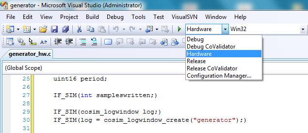 8.. Generacja Z rozwijanego paska umiejscowionego u szczytu okna Visual Studio należy wybrać opcję kompilacji sprzętowej (Hardware), a następnie skompilować